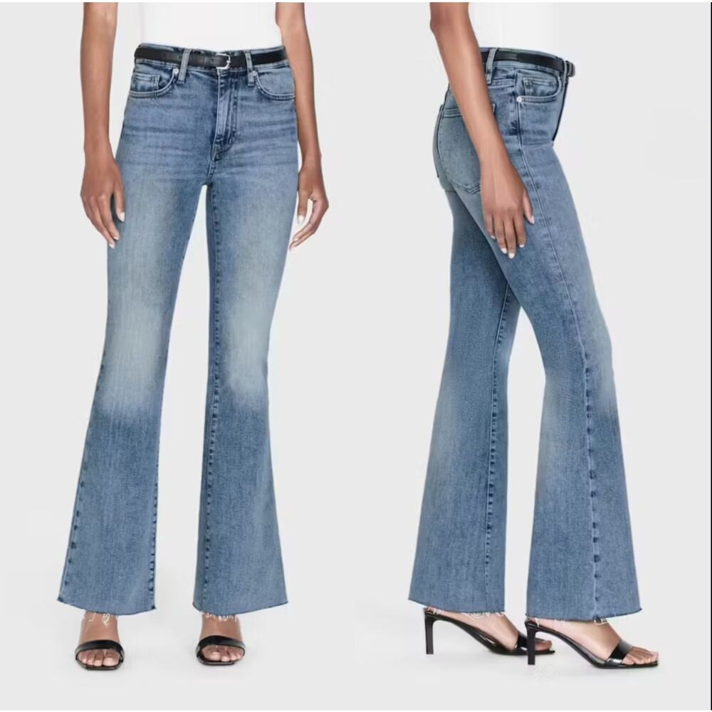 NWT Frame Le Easy Flare Raw Fray Hem Stretch High Rise Jeans Blue Size: 28